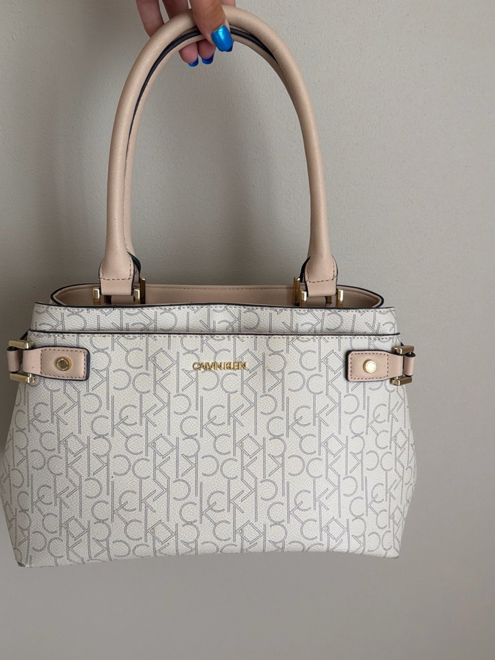 Calvin Klein Cream Logo Satchel with Blush Handles